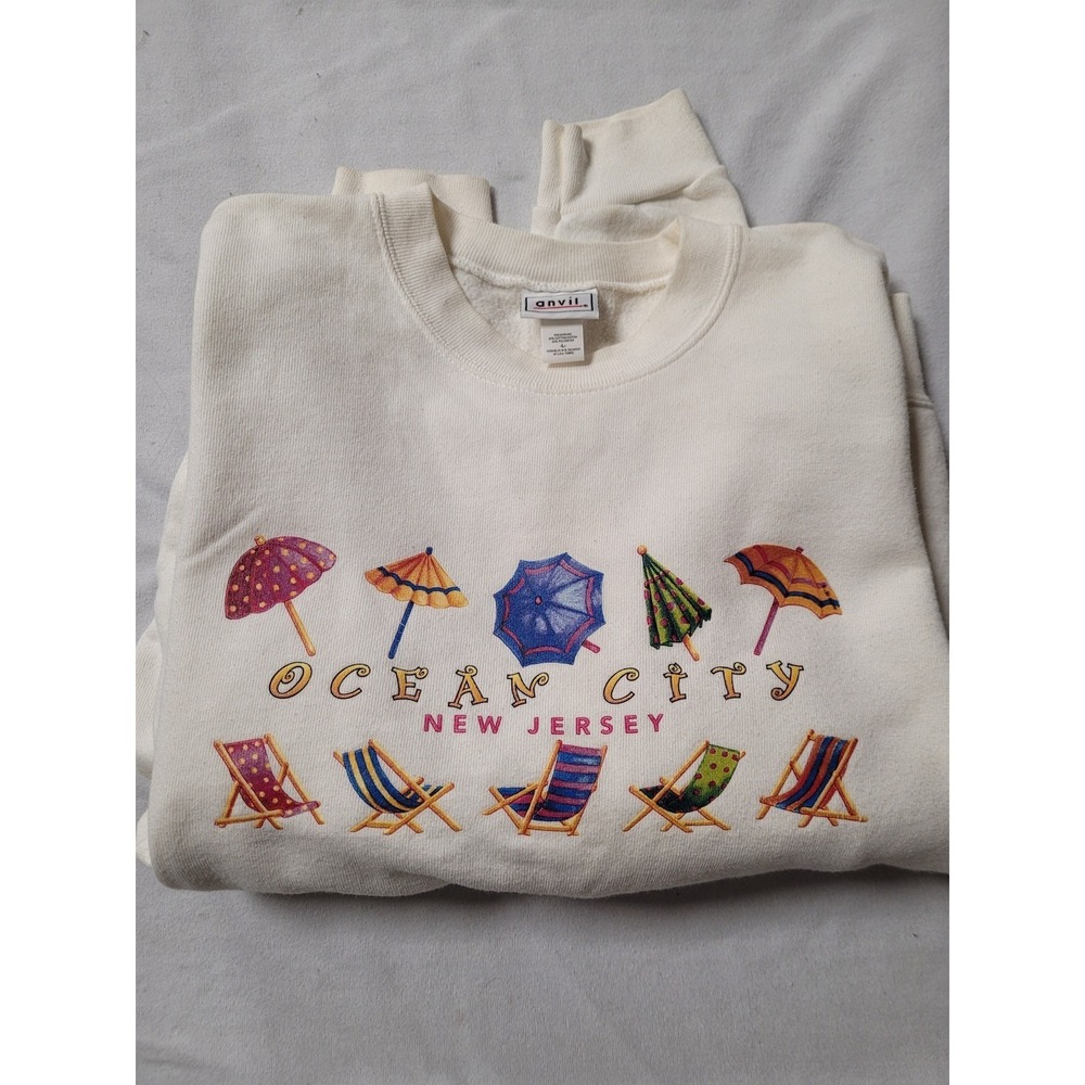 Ocean City NJ Vintage Sweatshirt Beach Umbrellas Anvil White So Colorful Size‎ L